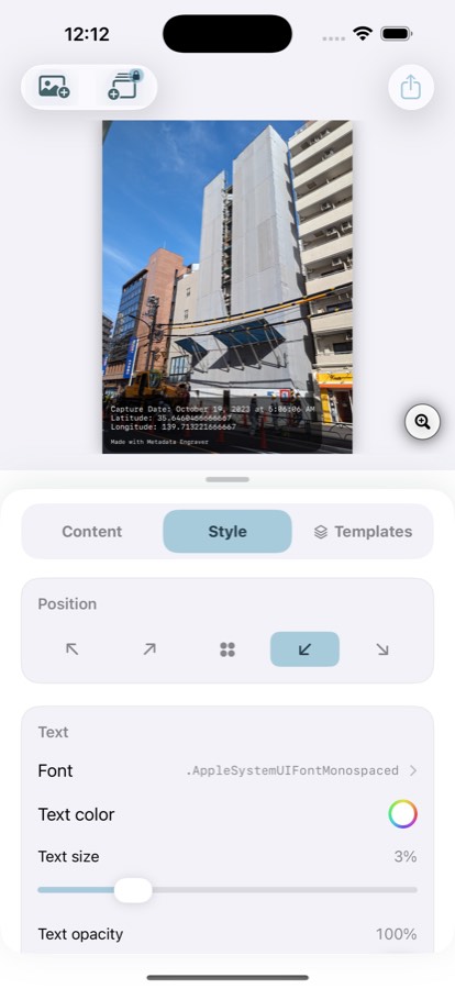 Der Tab „Stil“ mit Position, Schrift, Textfarbe, Größe und Deckkraft